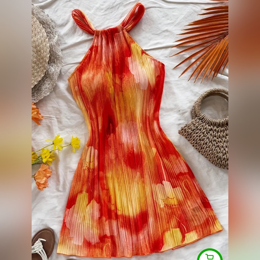 Colorful Tie-Dye Floral Print Halter Neck Mini Dress
